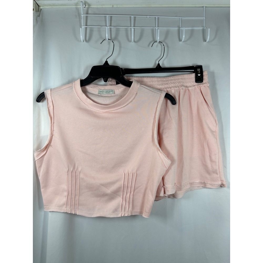 Paper Crane Pink Pintuck Crop Top and High Waist Shorts Lounge Set Large
